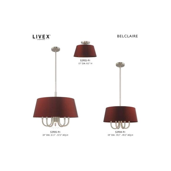Livex Lighting Belclaire 4-Light Chandelier Brushed Nickel Red Wine Shade Modern - Picture 4 of 10